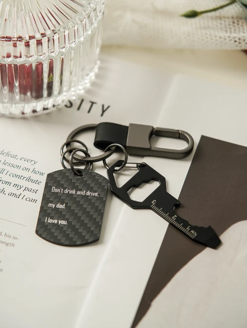 Dad's Birthday Gift Father's Day Anniversary Carbon Black Fiber Bottle Opener key KeyChain Set