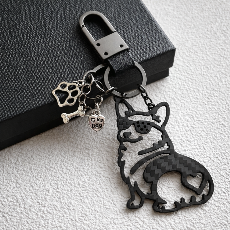 Minimalist Corgi Merchandise - Genuine Carbon Fiber Dog Keychain - Unique Corgi Ornament for Men & Women - Black Silhouette Pet Gift
