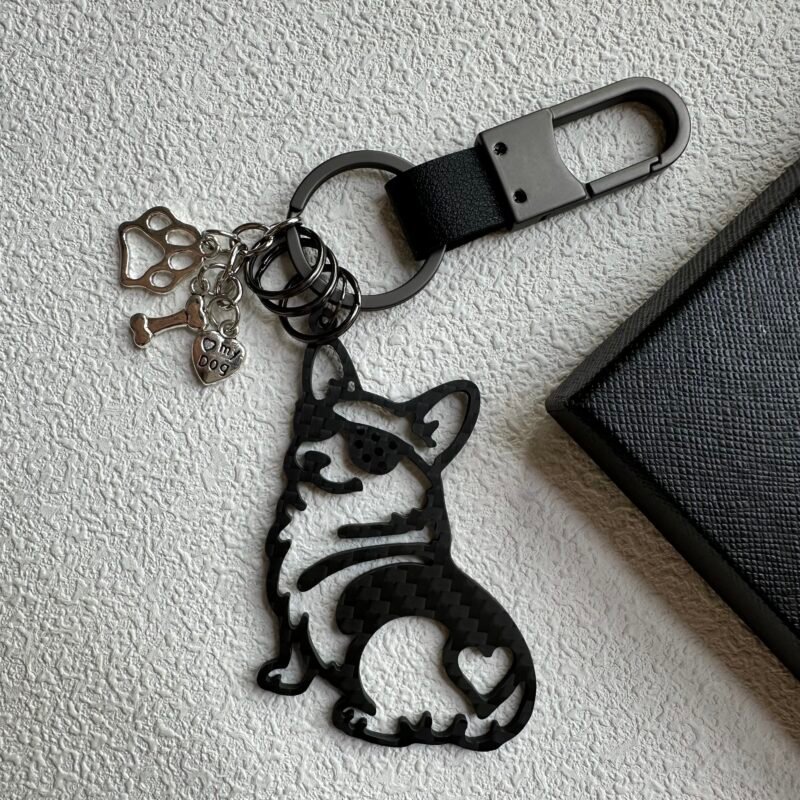 Minimalist Corgi Merchandise - Genuine Carbon Fiber Dog Keychain - Unique Corgi Ornament for Men & Women - Black Silhouette Pet Gift