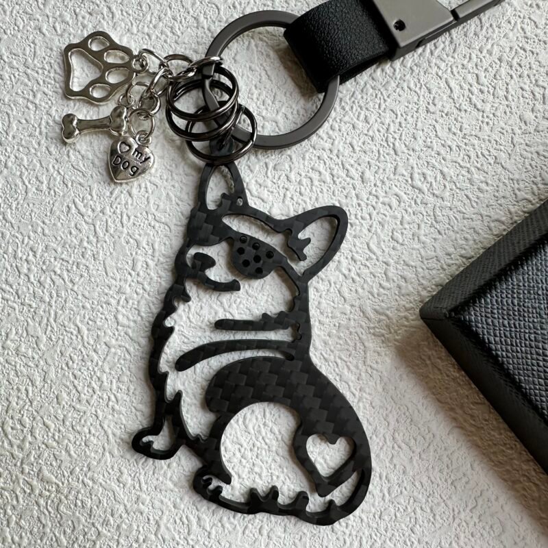 Minimalist Corgi Merchandise - Genuine Carbon Fiber Dog Keychain - Unique Corgi Ornament for Men & Women - Black Silhouette Pet Gift