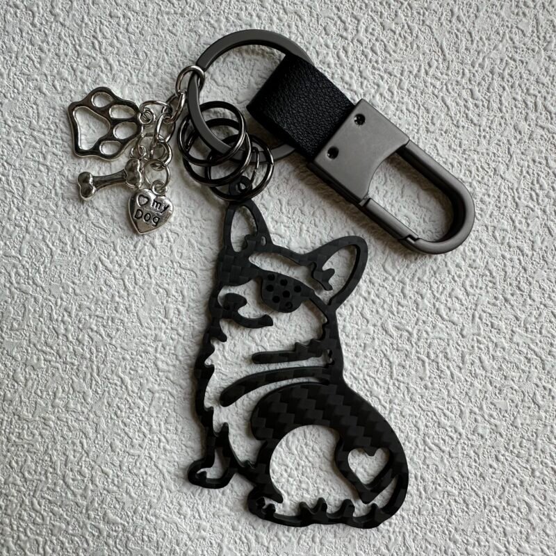 Minimalist Corgi Merchandise - Genuine Carbon Fiber Dog Keychain - Unique Corgi Ornament for Men & Women - Black Silhouette Pet Gift