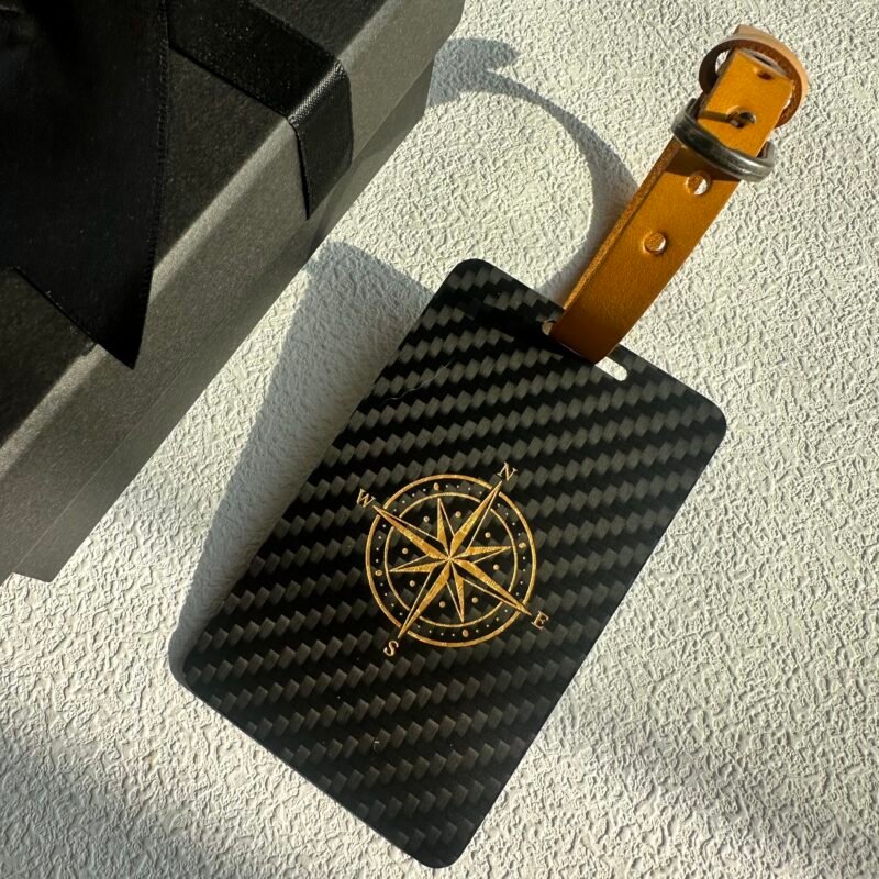 Luxury Carbon Fiber Luggage Tag with Leather Strap - Compass Design