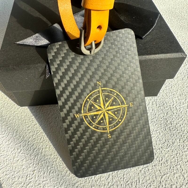Luxury Carbon Fiber Luggage Tag with Leather Strap - Compass Design