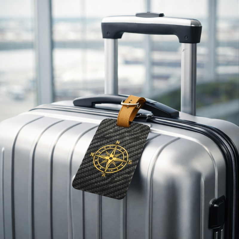 Luxury Carbon Fiber Luggage Tag with Leather Strap - Compass Design