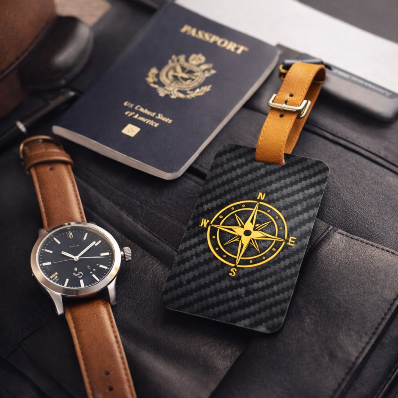 Luxury Carbon Fiber Luggage Tag with Leather Strap - Compass Design