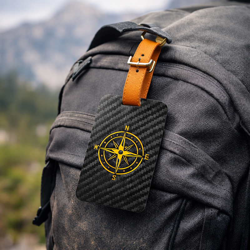 Luxury Carbon Fiber Luggage Tag with Leather Strap - Compass Design