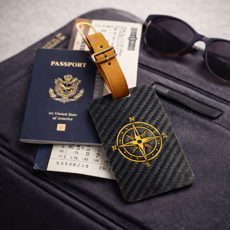Luxury Carbon Fiber Luggage Tag with Leather Strap - Compass Design