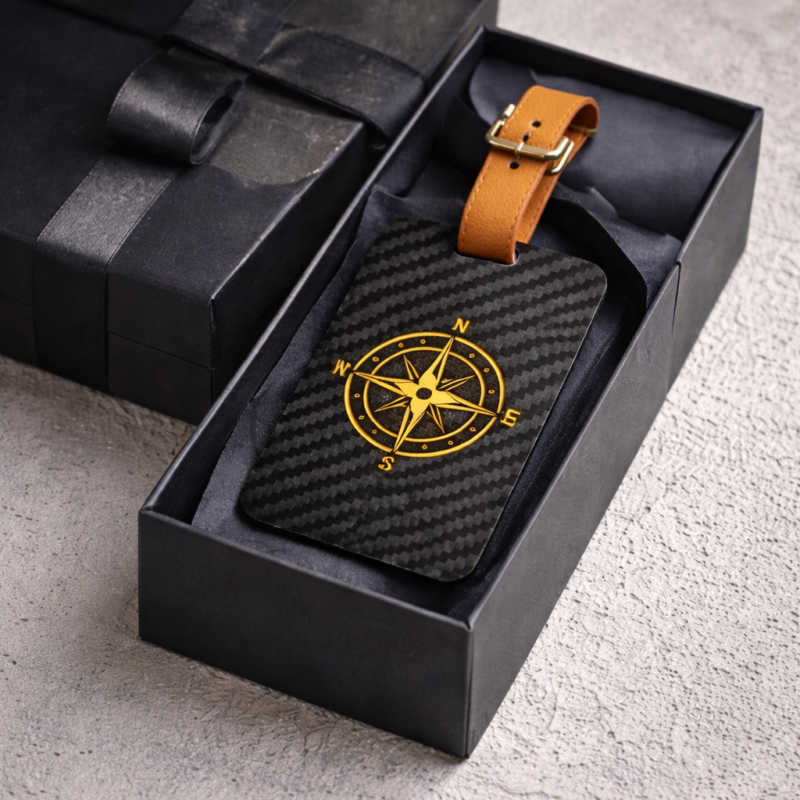 Luxury Carbon Fiber Luggage Tag with Leather Strap - Compass Design
