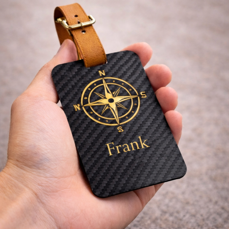 Luxury Carbon Fiber Luggage Tag with Leather Strap - Compass Design
