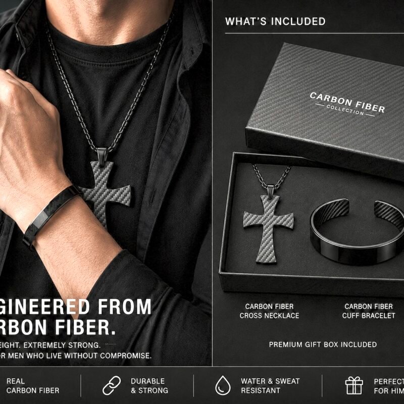 Unique Carbon Fiber bracelet and Cross Jewelry Set, Custom Father's Day Anniversary Gifts for Husband