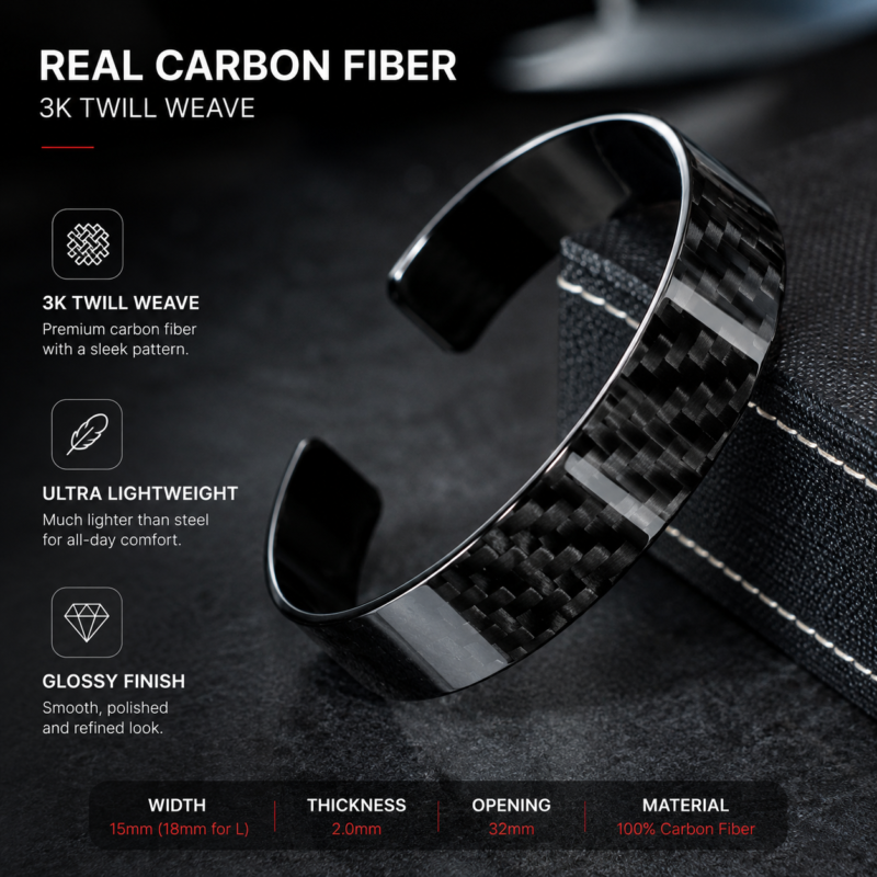 Carbon Fiber Bracelet for Men, Lightweight Cuff, S,M,L, Birthday Gift for Husband, Tech Lover Gift